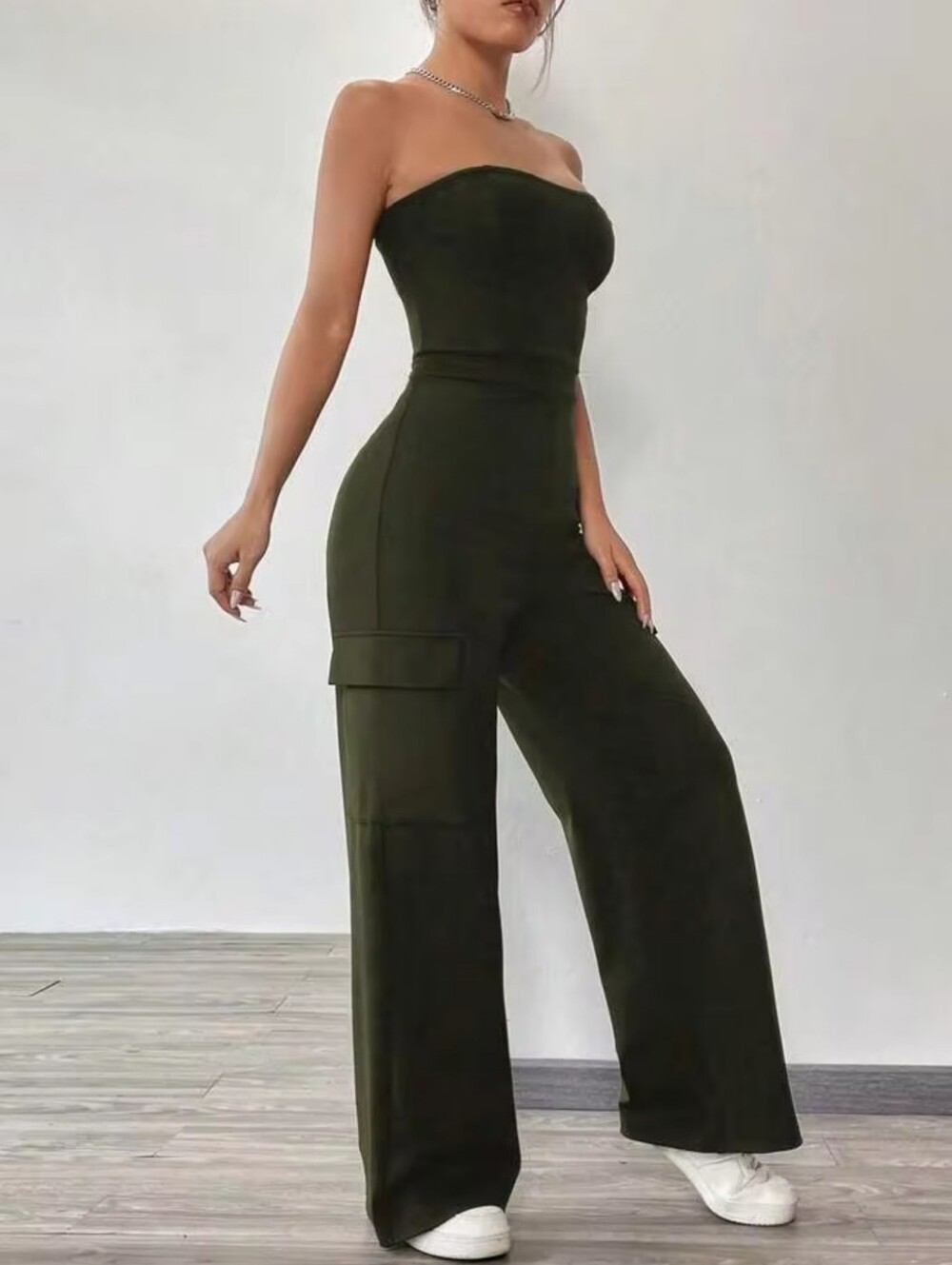 Strapless Cargo Wide-Leg Jumpsuit in Olive Green